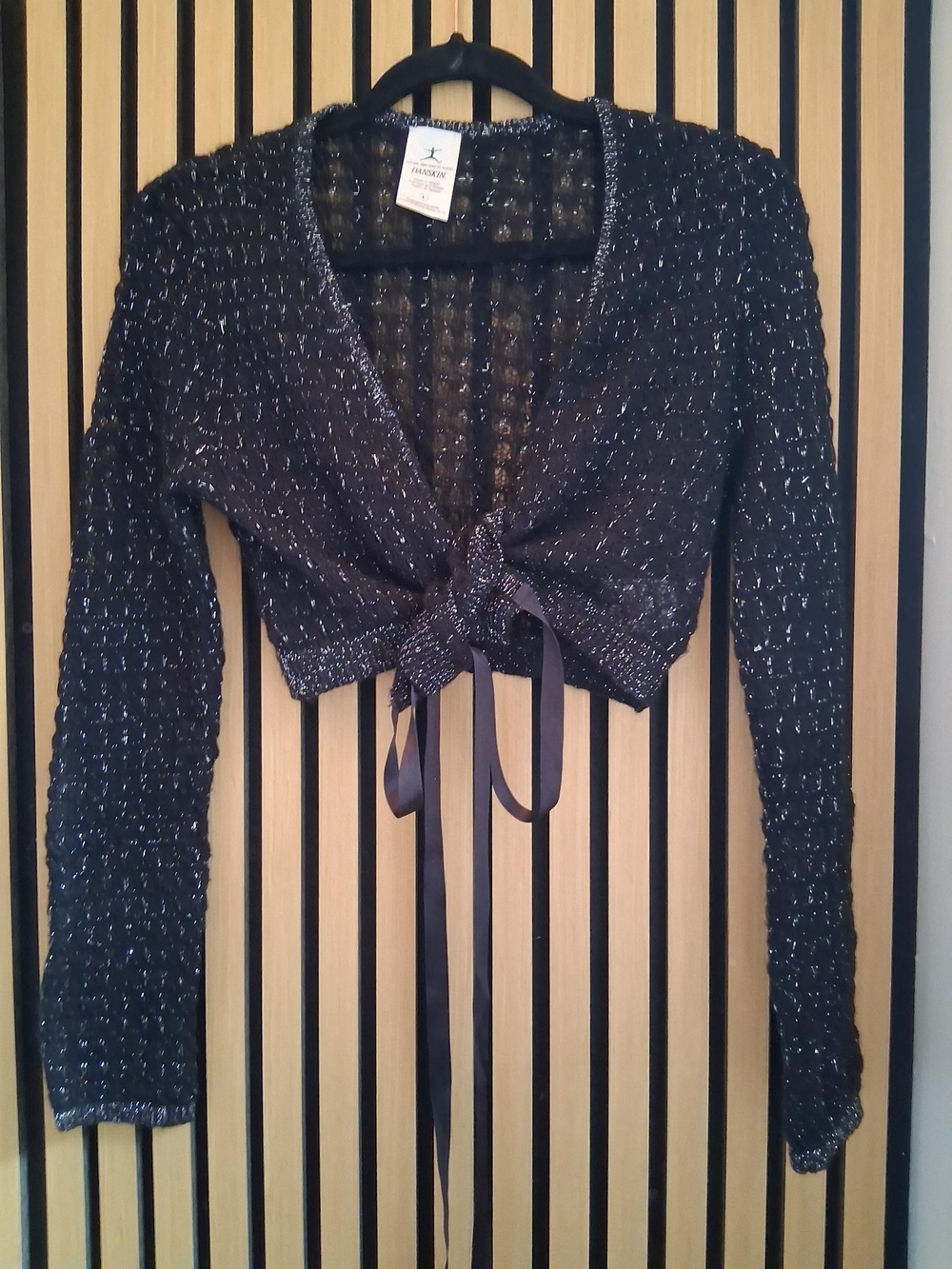 Danskin Black Metallic Tie-Front Cropped Cardigan